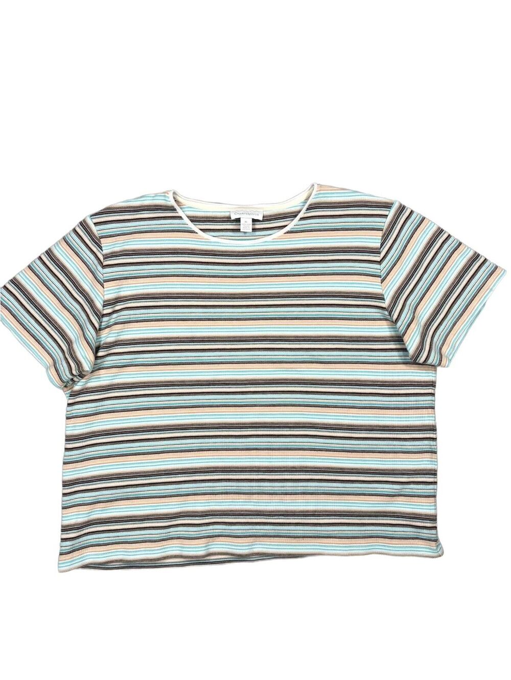 Charter Club 100% Pima Cotton Blue Striped T-Shirt Boxy Fit Y2K Vintage Coastal